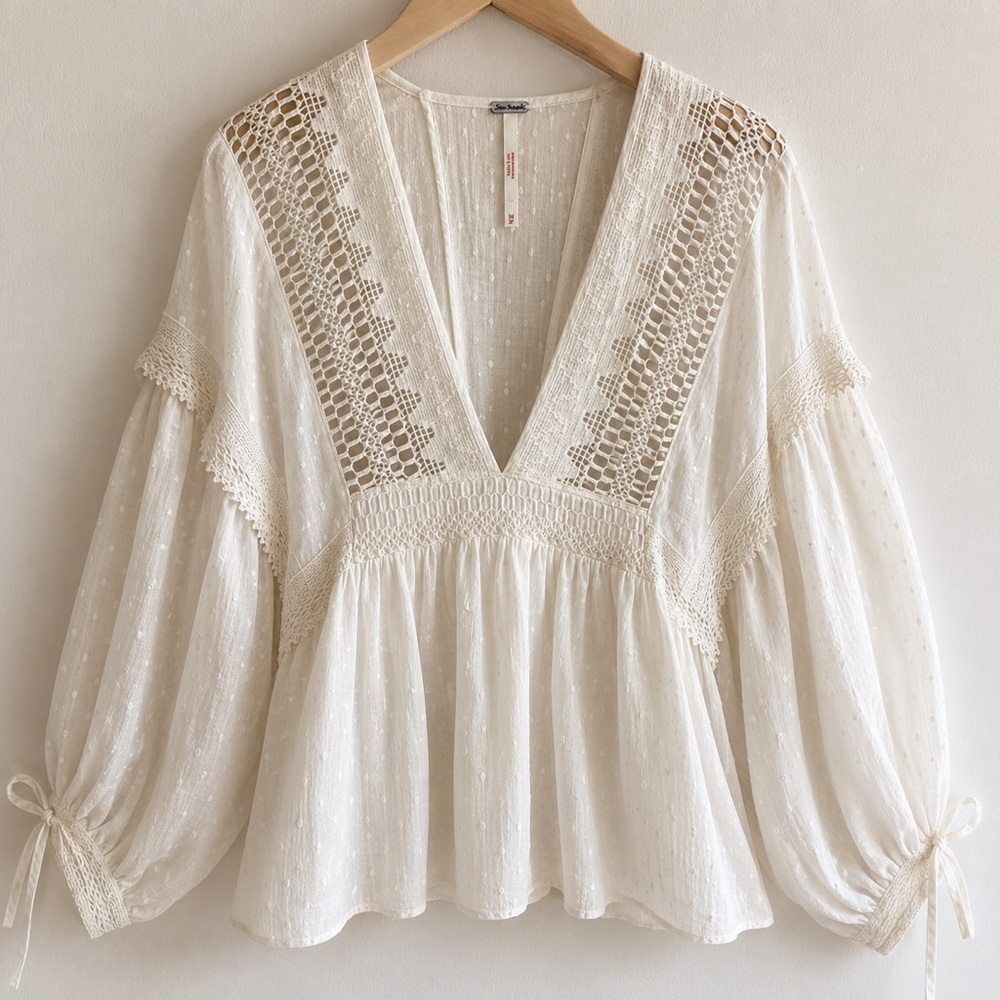 Free People Drive You Mad Cropped Blouse Ivory Lace Boho Peplum Peasant Top M